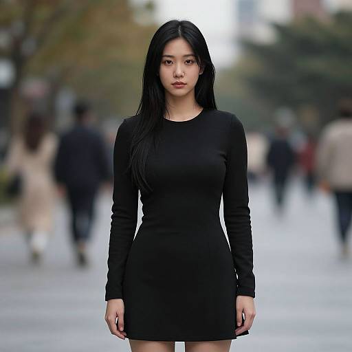 Photograph of an Asian woman with long black hair, wearing a form-fitting black long-sleeve dress, standing in a blurred urban street background