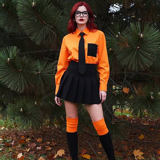 Woman in Orange and Black Stylish Outfit Outdoors