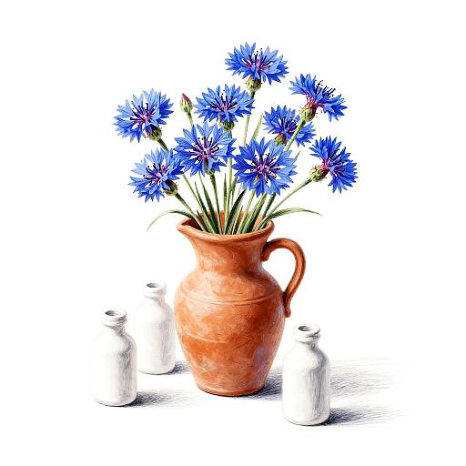 Pastel Pencil Sketch of Rustic Jug with Cornflowers