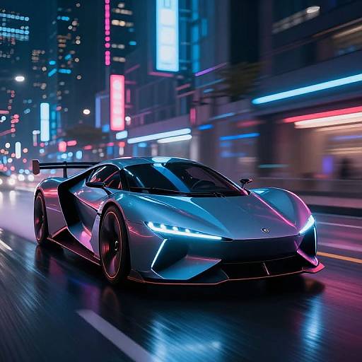 Neon-lit, futuristic city night scene with a sleek, blue and pink illuminated, high-performance sports car speeding down a wet street.