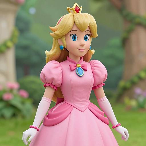 3D CGI image of Princess Peach from Mario series, with blonde hair, blue eyes, pink dress, white gloves, crown, and blue earrings,