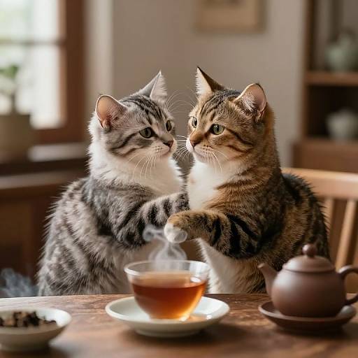 Photograph of two tabby kittens with striped fur, sitting at a wooden table, facing each other, with a steaming teacup and te