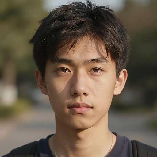 Photograph of an Asian young man with short, messy black hair, light skin, brown eyes, and neutral expression, wearing a dark shirt, against