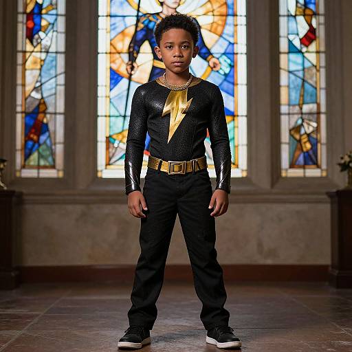 Photograph of a young boy with short black hair, wearing a black mesh long-sleeve shirt, gold necklace and belt, black pants, and