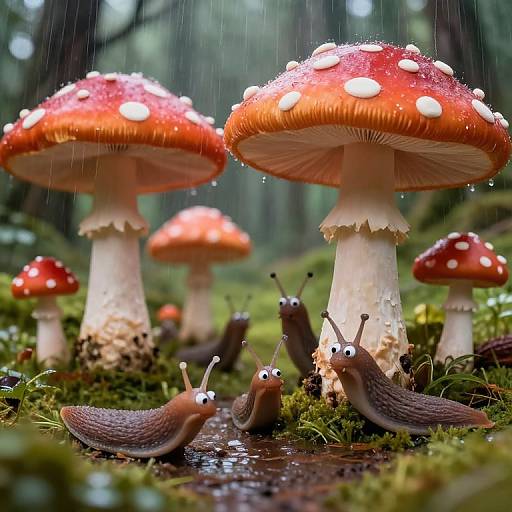 Photograph of whimsical, rain-drenched forest scene with large red and white-spotted mushrooms, four cartoonish, wide-eyed snails, and