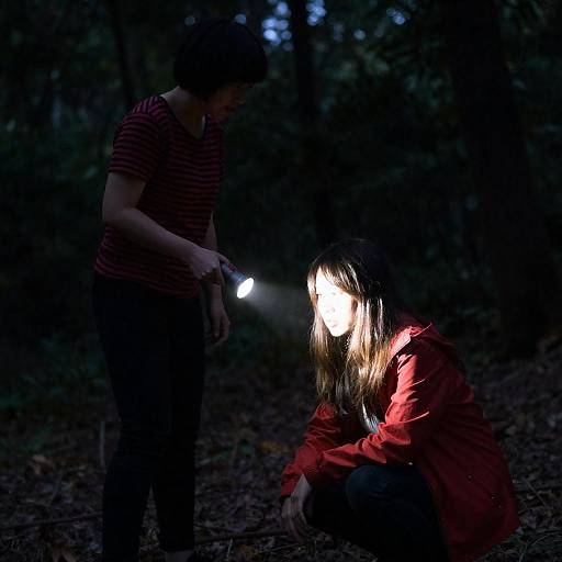 Women with Flashlight in Dark Forest at Night