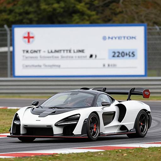 Photograph of a sleek, black-and-white racing Porsche 918 Spyder on a racetrack, with a blurred sponsor banner in the background.
