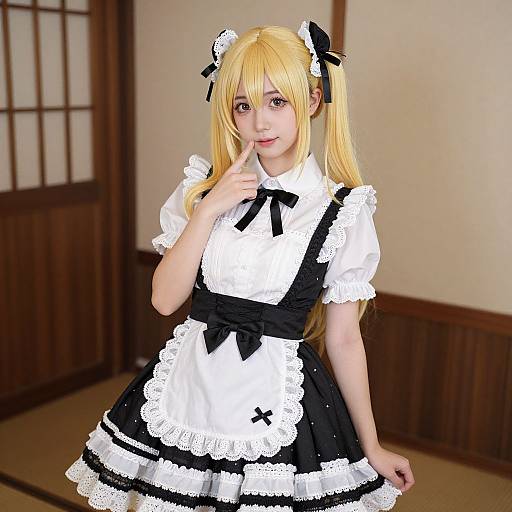 Photograph of a young Asian woman with long blonde hair in a black and white French maid outfit, standing in a traditional Japanese room.