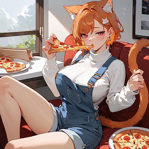 Anime Cat Girl Enjoying Pizza Meal