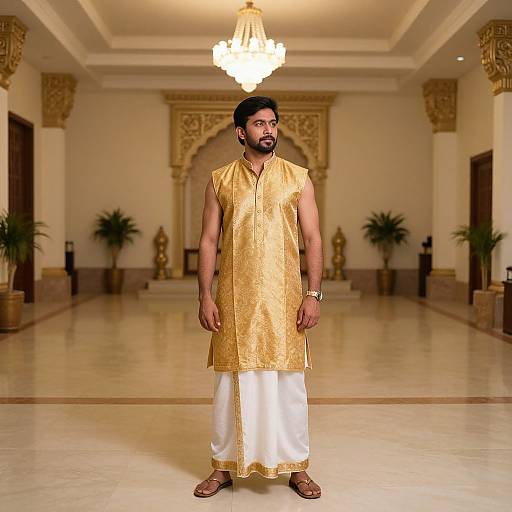 Photograph of a bearded Indian man in a gold embroidered white kurta and white pants, standing in a grand, ornate hall with a ch