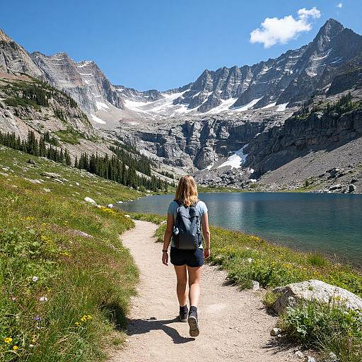 Photograph of a woman with blonde hair, blue shirt, black shorts, and backpack, walking on a gravel path towards a mountain lake surrounded by rocky
