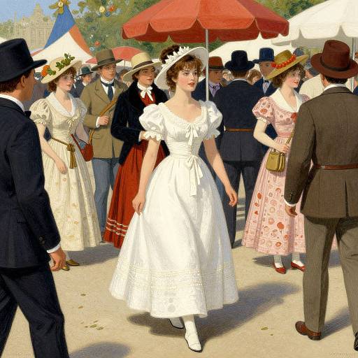 Vintage-style digital painting of a Victorian-era outdoor gathering with men in suits and hats, women in elaborate dresses and hats, and a central woman in a