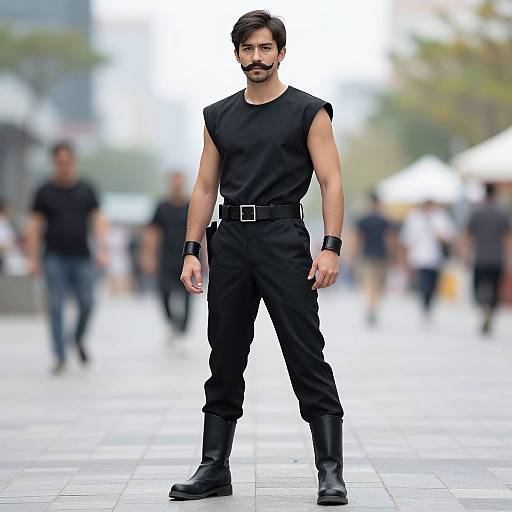 Photograph of a muscular, bearded man with dark hair, wearing a sleeveless black shirt, black pants, belt, wristbands, and boots