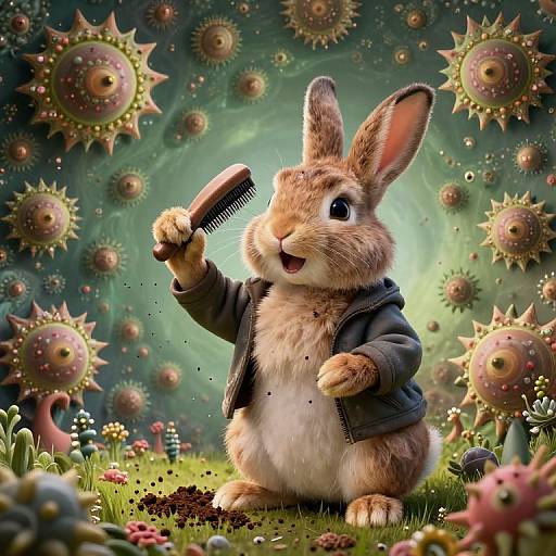 Digital artwork of a cute, anthropomorphic rabbit in a black jacket, holding a black comb, surrounded by colorful, whimsical, spherical creatures in a