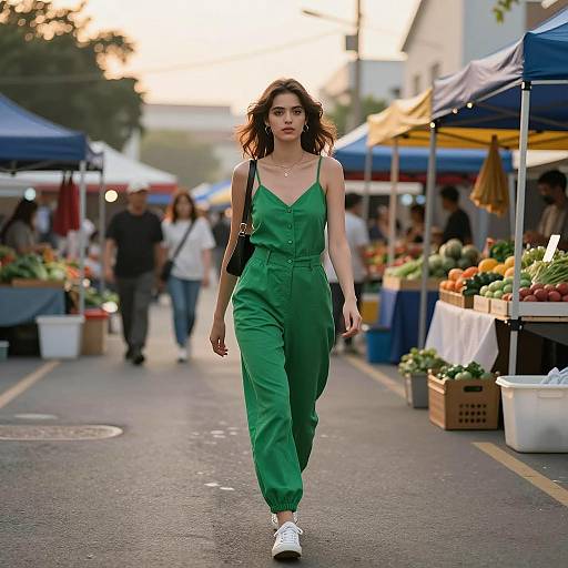 Confident Woman in Vibrant Market at Sunset