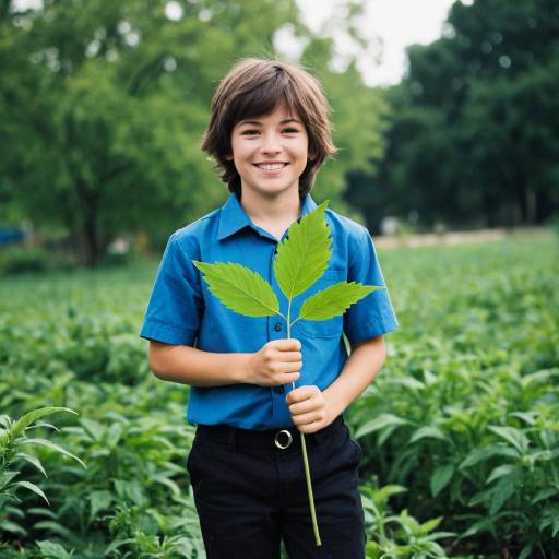 Smiling Boy Holding Large Green Leaf Outdoors