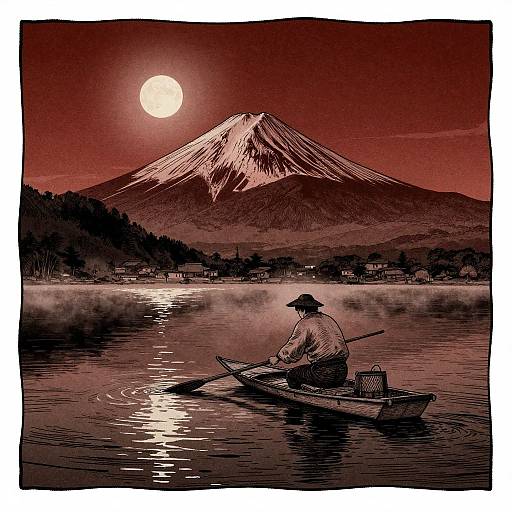 Monochromatic illustration of a fisherman in a boat at dusk, with a full moon illuminating a snow-capped mountain and calm lake.