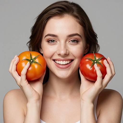 Photograph of a smiling young woman with fair skin, brown hair, and blue eyes, holding two large red tomatoes against a gray background.