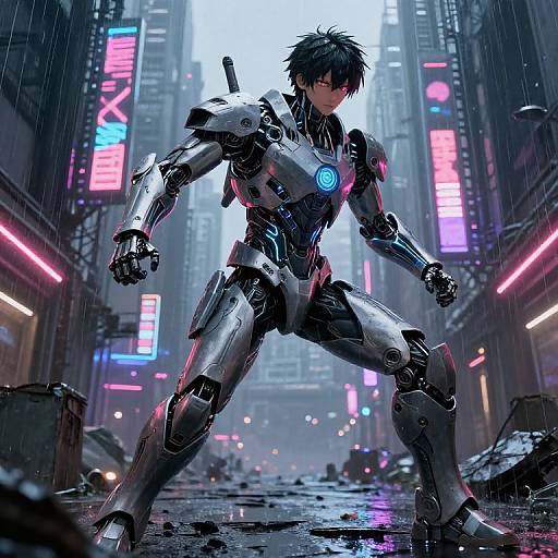 Cybernetic soldier with blue glowing core, black hair, and futuristic armor stands powerfully in a neon-lit, rain-soaked urban alley