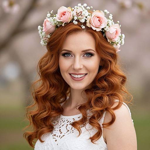 Photograph of a smiling woman with curly red hair, wearing a white lace dress and a pink rose and white flower crown, set against a blurred spring