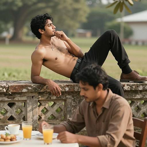 Relaxing Men in Sunlit Outdoor Scene