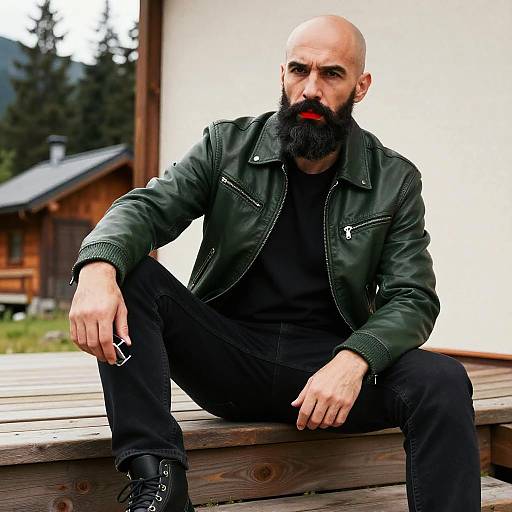 Photograph of a bald, bearded man with dark skin, wearing a green leather jacket, black shirt, and jeans, sitting on wooden steps in