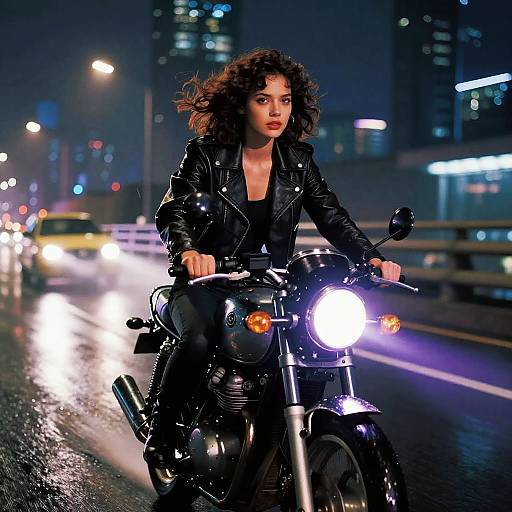 Photograph of a curly-haired woman in a black leather jacket riding a motorcycle at night, with bright headlights and city lights in the background.