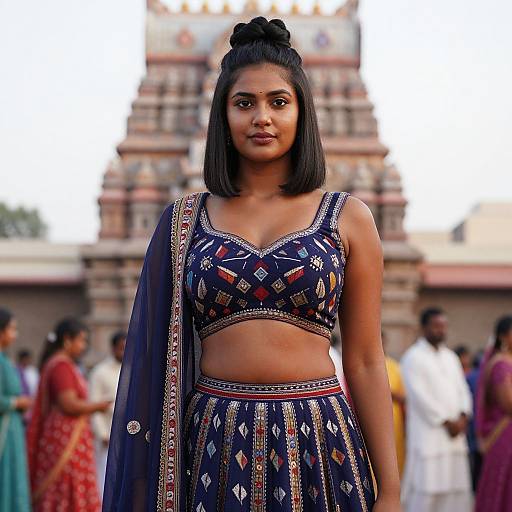 Photograph of an Indian woman with medium brown skin, black bob haircut, wearing a blue embroidered traditional outfit, standing in front of a colorful Hindu temple