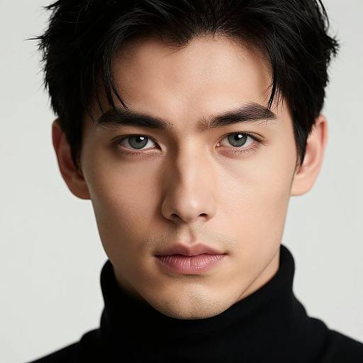 Close-up photograph of a young Asian man with fair skin, dark black hair, blue eyes, and a serious expression, wearing a black turtleneck
