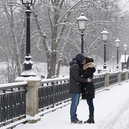 Couple Kissing on Snowy Bridge
