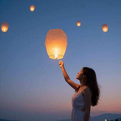 Photograph of a woman with long brown hair, wearing a white sleeveless dress, releasing a glowing paper lantern into a twilight blue sky, surrounded by