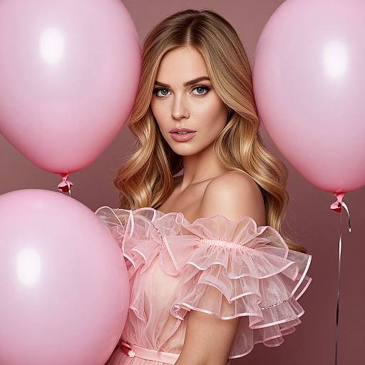 Photograph of a blonde woman with wavy hair, wearing a pink ruffled off-shoulder top, surrounded by pink balloons against a pink background