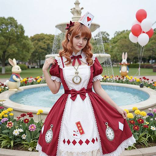 Photograph of a red-haired woman in a red and white Alice in Wonderland-inspired dress, standing in a flower-filled park with a fountain, balloons,