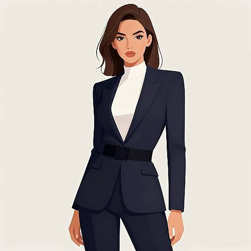 Digital illustration of a confident woman with medium-length brown hair, wearing a black suit, white turtleneck, and black belt, standing against a plain