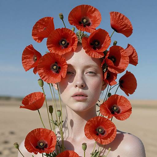 Photograph of a pale-skinned woman with red poppy flowers in her hair, standing in a sunlit, sandy, blue-sky background.