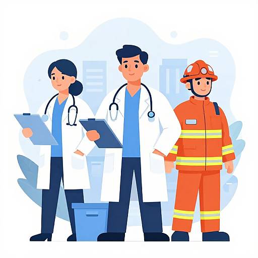 Digital illustration of three cartoon figures: two doctors with stethoscopes and medical charts, and a firefighter in bright orange gear.