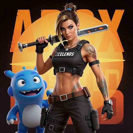 CGI image of a tattooed, muscular woman with short blonde hair, black 