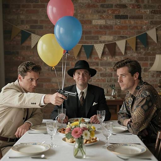 Three Men at Dining Table with Gun and Balloons