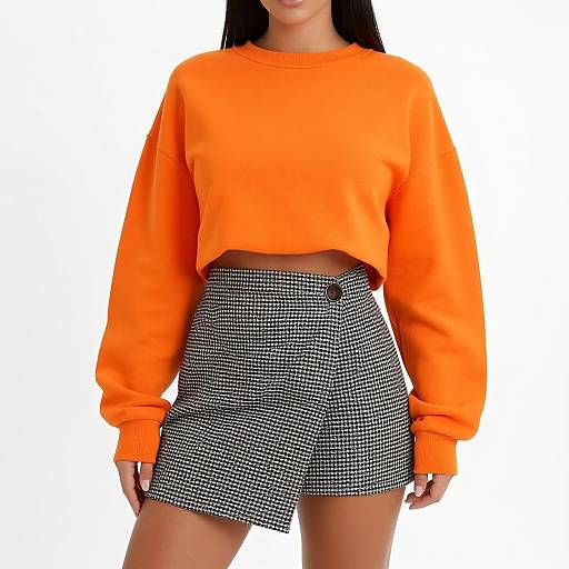 Photograph of a woman with long black hair wearing an orange cropped sweater and high-waisted black-and-white checkered shorts against a plain white background