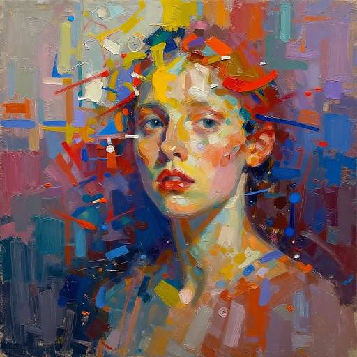 Abstract portrait painting of a woman with red lips, colorful splashes of blue, red, yellow, and orange, and a focused expression.