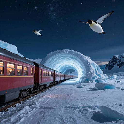 Photograph: Red train on snowy track leading into glowing blue ice cave under starry night sky, with three penguins flying overhead.