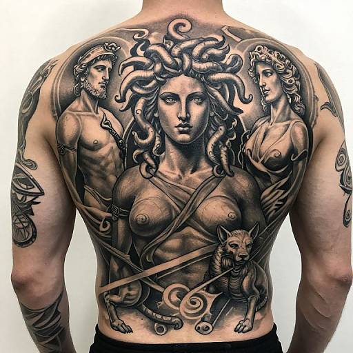 Tattooed shirtless man with intricate black and grey back tattoo featuring two classical figures, a central goddess, and a wolf.