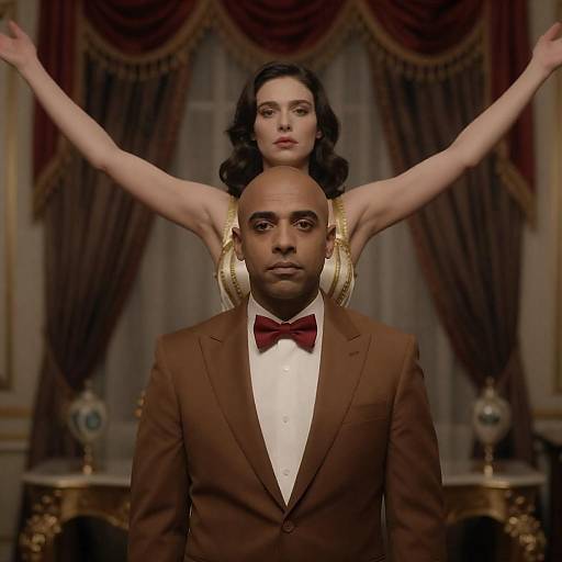 Man in Brown Suit with Woman in Gold Dress Behind