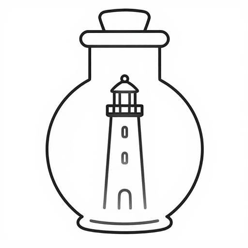 Black and white line drawing of a lantern with a lighthouse inside, featuring a cylindrical tower and dome. Simple, minimalist style.