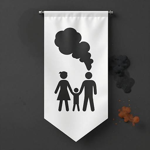 Black-and-white banner with simplified family silhouettes holding hands, above smoke clouds, hanging on dark blue background with ink splatters.