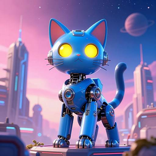Futuristic Robotic Cat in Sci-Fi City