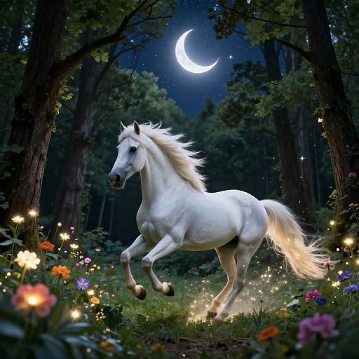 Digital artwork of a white, galloping unicorn in a moonlit forest, surrounded by glowing flowers and twinkling stars.