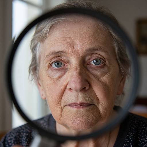 Photograph of an elderly woman with blue eyes, gray hair, and wrinkles, seen through a magnifying glass, wearing a black polka-dot top