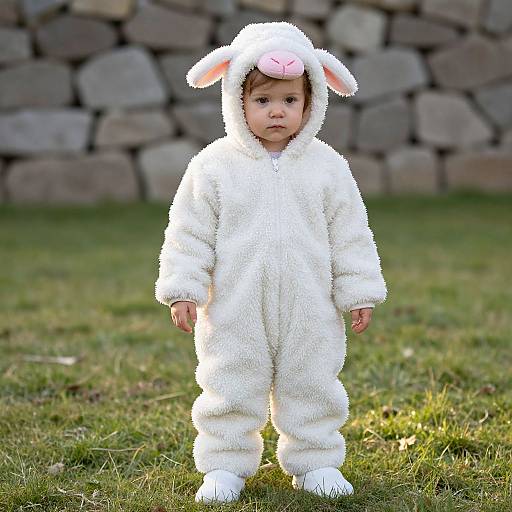 Photograph of a baby with light skin and brown hair, wearing a fluffy white bunny onesie with pink ears, standing on grass in front of a