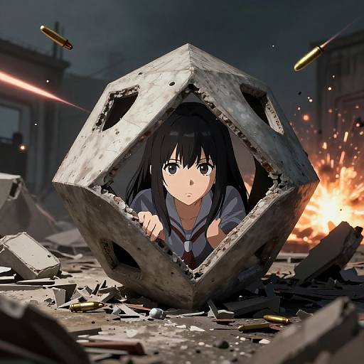 Anime-style digital artwork of a black-haired girl with large eyes, wearing a school uniform, peeking from a broken concrete cube amid a war-torn